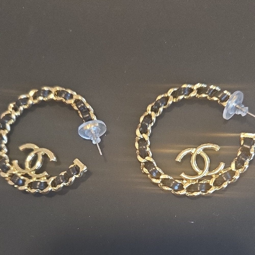 CHANEL STYLE Gold and Black Chain Hoop Earrings